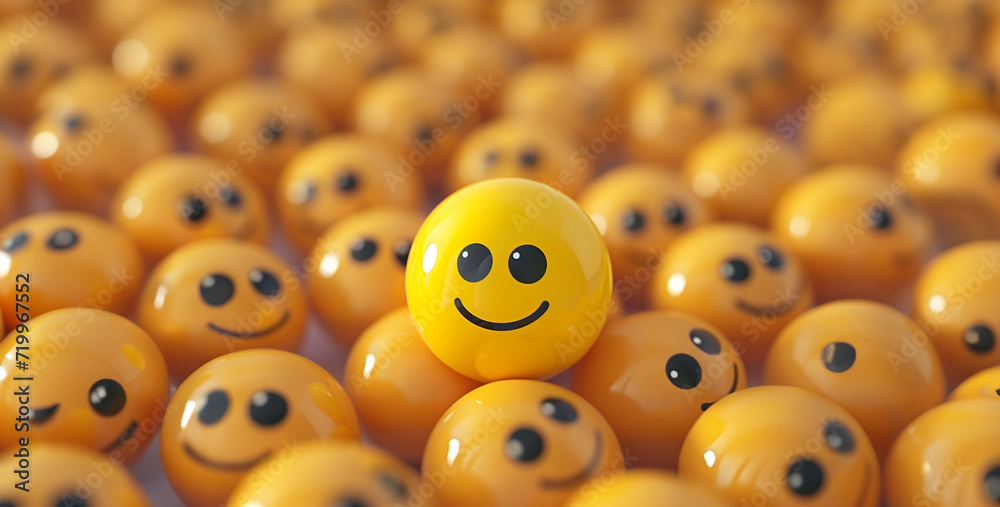 Funny yellow smiley face in crowd. 3d illustration.Smiley face on a crowd of smiley faces. 3D rendering - obrazy, fototapety, plakaty 