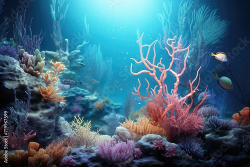 Realistic Underwater World, Colorful life on underwater coral reef, Realistic photo of the underwater Ai generated © Tanu