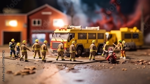 miniature model of firefighters against the fire. accident rescue extinguishing flames by fire fighters toy figures