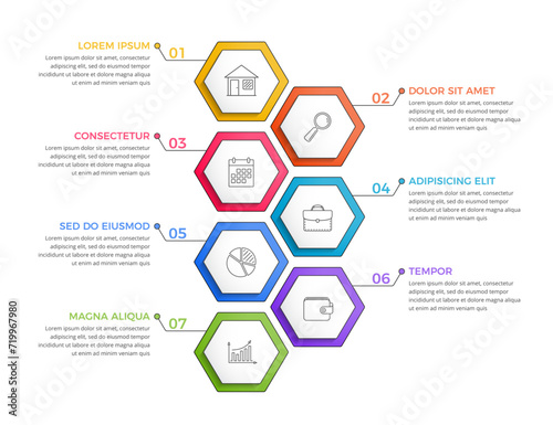 Infographic template with seven options or steps with hexagon, process, workflow template, vector eps10 illustration