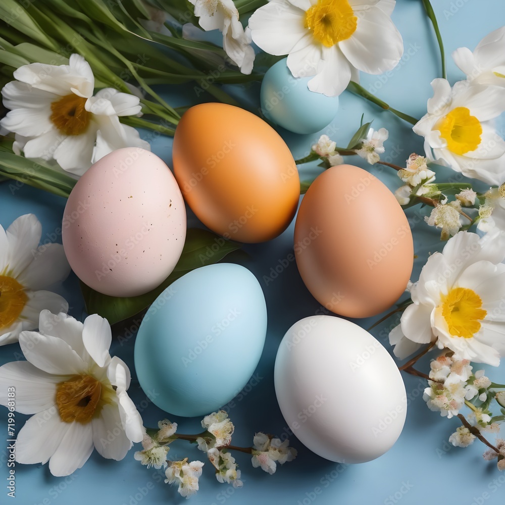 Easter still life with eggs and spring flowers on a blue background Easter still life with eggs and spring flowers on a blue background