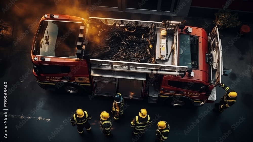 Firefighters spraying down extinguishing a fire flame on fire engine Firefighters spraying down extinguishing a fire flame on fire engine