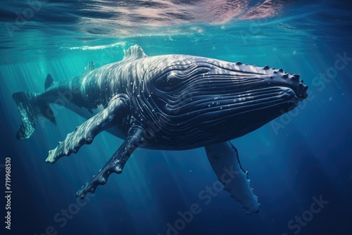 Whale swimming in the Blue Ocean  Underwater scene. 3d render  Sperm whale swimming underwater  AI Generated