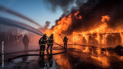 Firefighters spraying down extinguishing a fire flame on fire engine