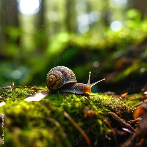 A snail on mossy wood in forest.