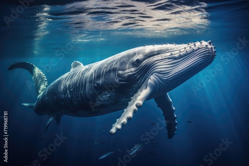 Humpback whale swimming in blue ocean  Underwater scene. 3d render  Sperm whale swimming underwater  AI Generated