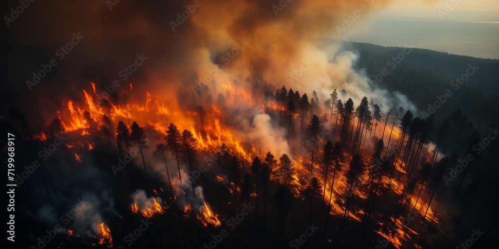 group of firefighters extinguish Large flames of forest fire