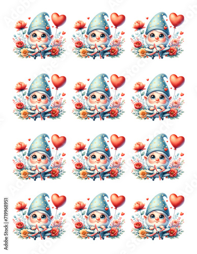 Cute Gnome Flowers Heart Sticker. Valentines Day Stickers Set 
