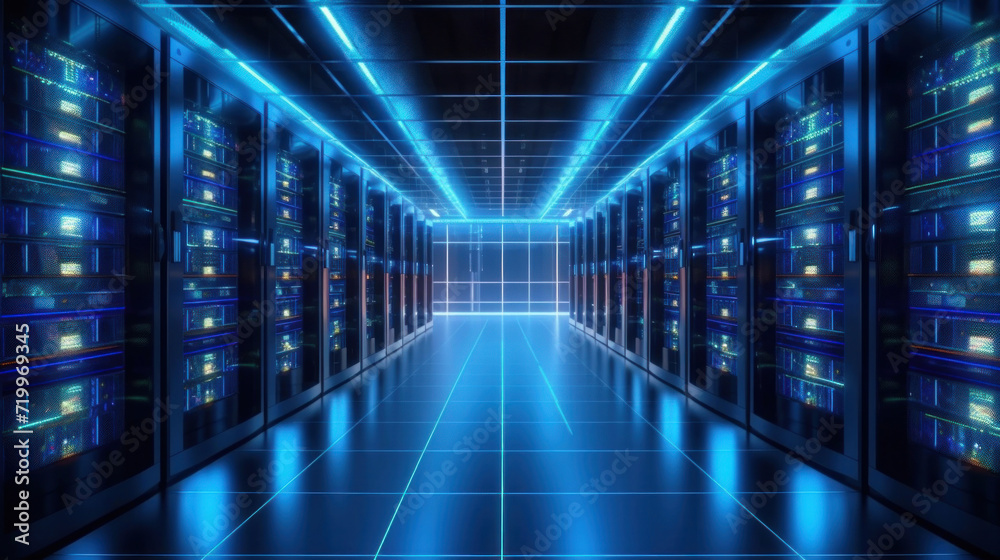 Servers data center room with computers and storage systems and glowing elements.