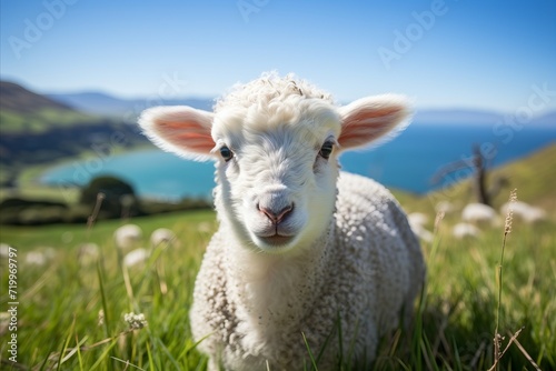 Cute lamb looking at camera in a meadow on a sunny day