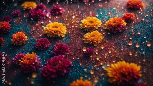 The rain showered colorful droplets on the beautiful flowers.