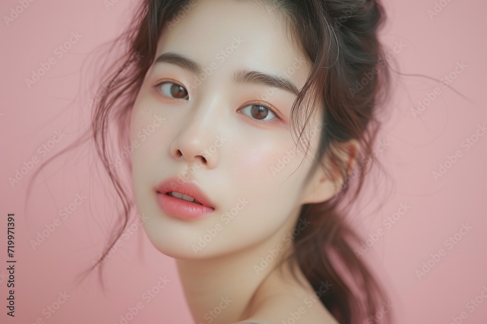 Graceful Asian Woman with Natural Makeup,Elegant portrait of a young Asian woman with soft natural makeup on a gentle pink background, embodying subtle beauty.
Graceful Asian Woman with Natural Makeup,Elegant portrait of a young Asian woman with soft natural makeup on a gentle pink background, embodying subtle beauty.