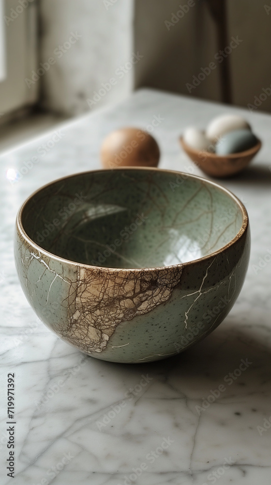 Bol en émail raffiné de couleur jade dans un intérieur cosy et design Bol en émail raffiné de couleur jade dans un intérieur cosy et design