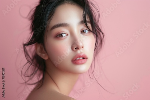 Graceful Asian Woman with Natural Makeup,Elegant portrait of a young Asian woman with soft natural makeup on a gentle pink background, embodying subtle beauty. 