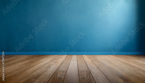 Scandinavian Chic: Wooden Floor and Cool Blue Wall for Product Showcase