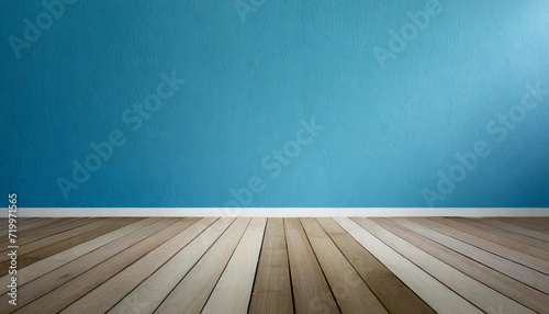 Artistic Atmosphere  Blue Wall as a Striking Backdrop for Products on Wooden Floor