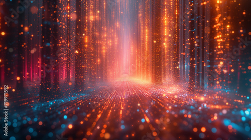 Arrière-plan moderne rouge et bleu avec des motifs futuristes et cyberpunk : rappellent des fibres optiques, le transfert rapide de données et l'informatique rapide via internet et le digital