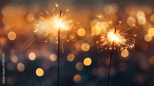 Happy New Year  burning fireworks with bokeh light background