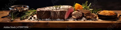 Grill meat dark background dark beef steak raw food salt fried. Steak meat food. Roast cooked. Generative AI