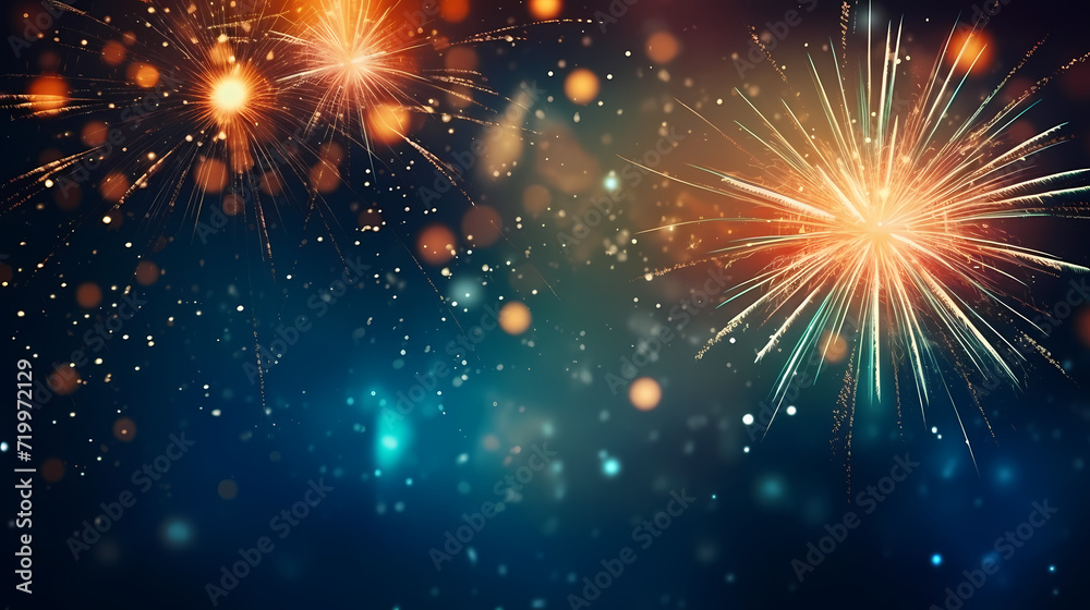 Happy New Year, burning fireworks with bokeh light background - obrazy, fototapety, plakaty 