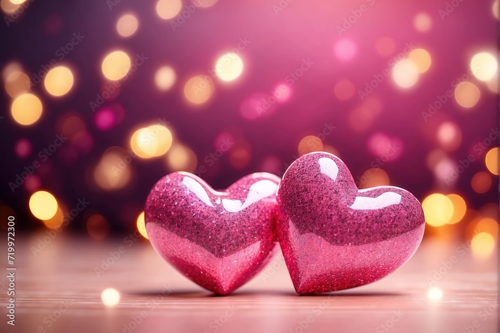 Fototapeta premium Valentines day banner, two pink glittered hearts on bokeh lights background