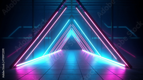 neon lights triangle tunnel abstract geometric. 3D render 