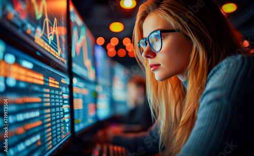 A professional woman analyzes financial data on multiple computer screens in a high-tech trading environment.