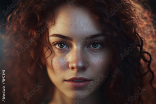 Beautiful young woman portrait with curly red hair and freckles