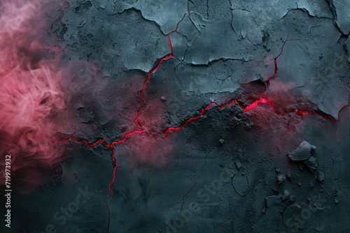 cracked black cement texture with red smoke. horror background