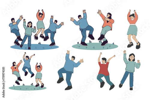 Young people dancing to cartoon character illustration set