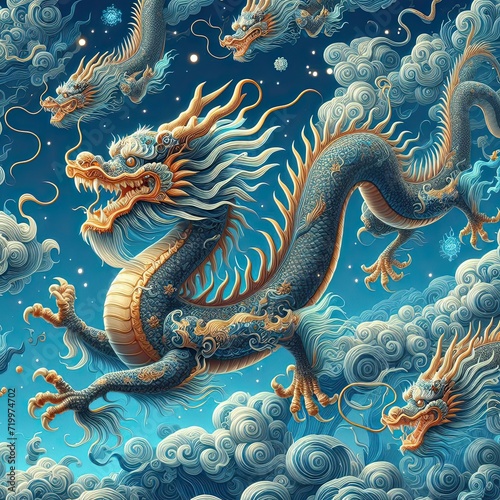 Beautiful flying Chinese dragon on a blue background . Chinese new year decoration . 