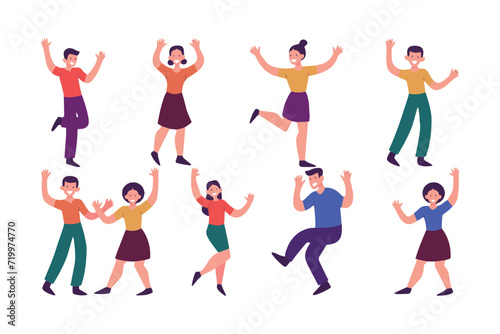 Young people dancing to cartoon character illustration set