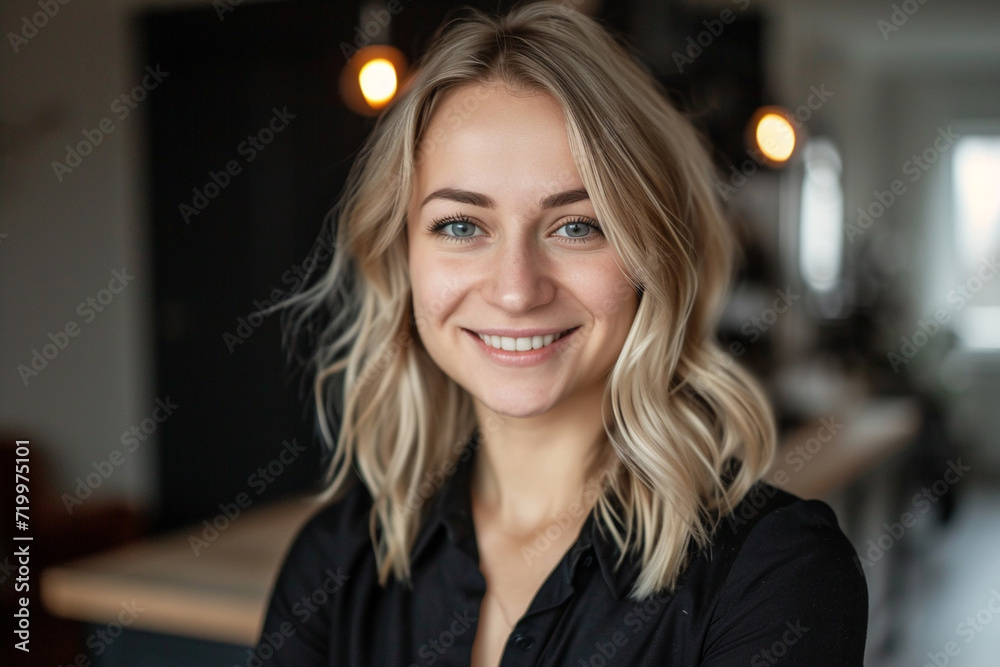 Fototapeta premium Attractive professional female with a captivating smile indoors. Generative AI.