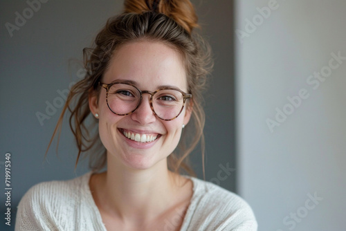 Joyful Young Woman Wearing Glasses with Beautiful Smile. Generative AI.