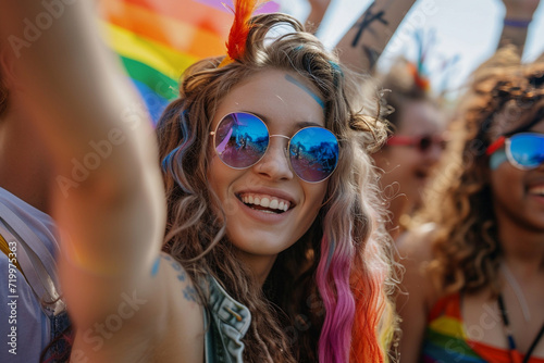 Happy Woman at Pride Parade Wearing Colorful Sunglasses. Generative AI