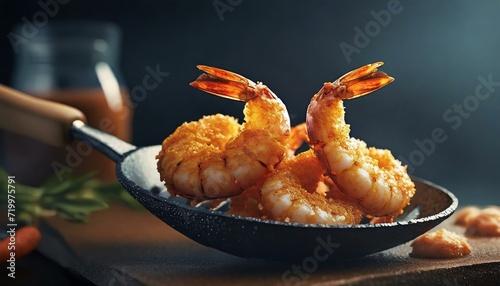 Fried Coconut Shrimp on a spatula; seafood is a delicacy