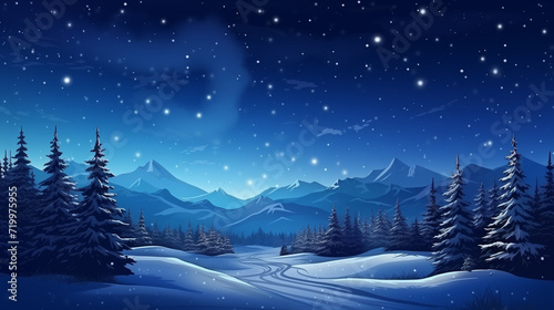 Winter night landscape with the moon, trees and road, background with copy space