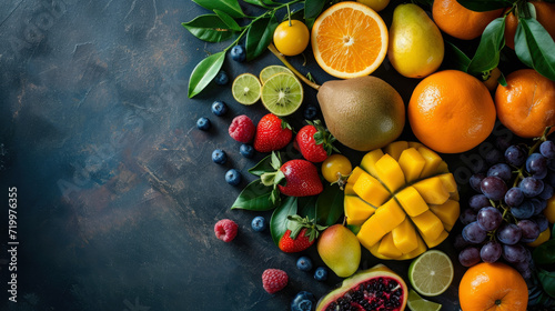 A table top flat lay of a vibrant assortment of fresh fruits, including apples, oranges, grapes, blueberries, mango, kiwi, and strawberries, creating a colorful and healthy display