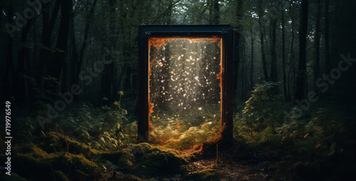 Mysterious door in the forest. Halloween concept. 3D Rendering, Mysterious door in the dark forest, 3d rendering.