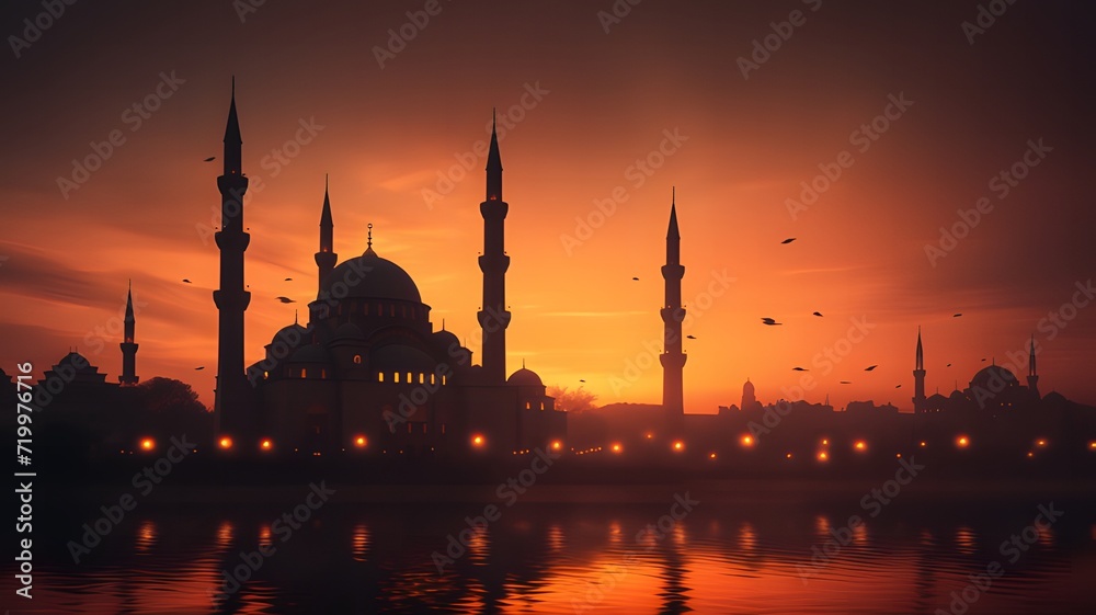 Silhouette of a majestic mosque against a vibrant sunset, warm hues of orange and pink, with ample copy space for text, capturing the beauty and serenity of the evening prayer