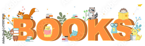 Cute animals kids cartoon characters enjoying reading, books text poster