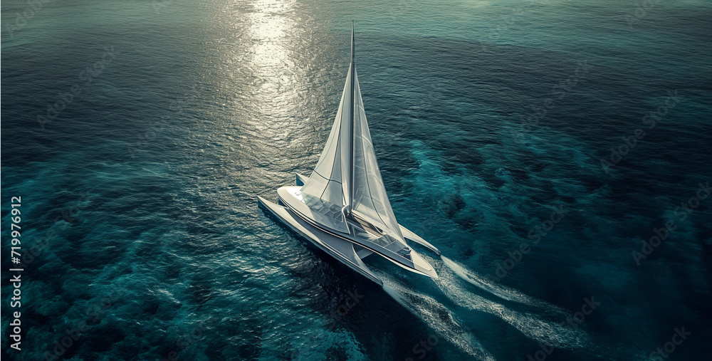 Sailing yacht in the sea. 3d render illustration of sailboat, Sailing yacht in the ocean. 3D render. Fantasy.