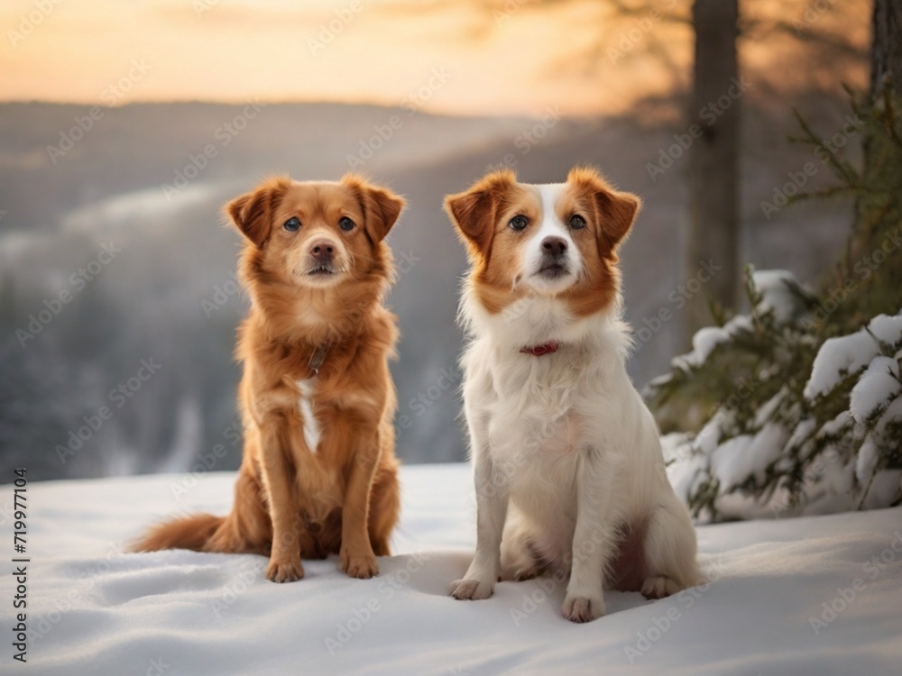 This cute two dog photograph with a winter background