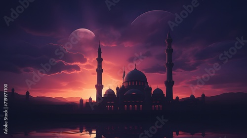 Sunset silhouette of an intricate mosque, set against a rich purple sky, with a tranquil atmosphere and generous space for text, perfect for conveying peaceful blessings