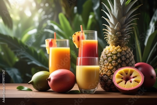 Tropical fruit juices in glasses on wooden table, closeup