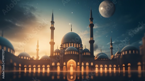 Dramatic silhouette of a unique mosque at sunset, bathed in deep blue and gold tones, offering a stunning backdrop with open space for personalized text or messages