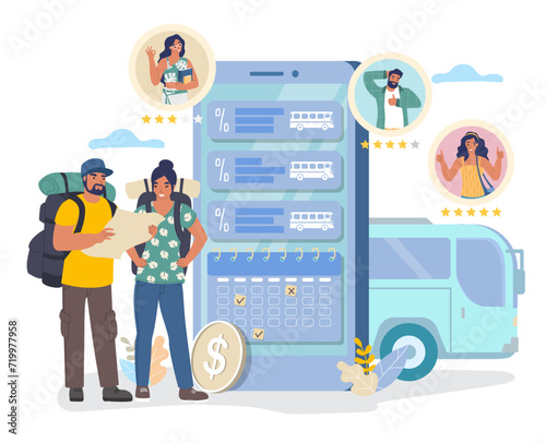 Travelers couple using bus ticket online service app in mobile