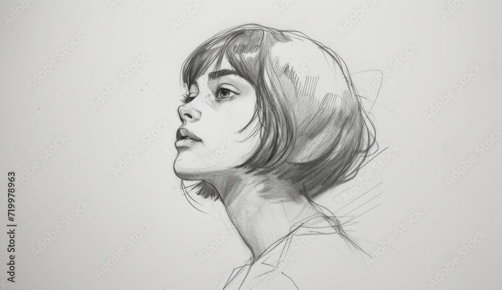 Portrait, sketch and drawing of a young woman for artist inspiration, creativity and background. Detailed, pencil illustration and drawing of a female on white paper for education, lesson and hobby Portrait, sketch and drawing of a young woman for artist inspiration, creativity and background. Detailed, pencil illustration and drawing of a female on white paper for education, lesson and hobby