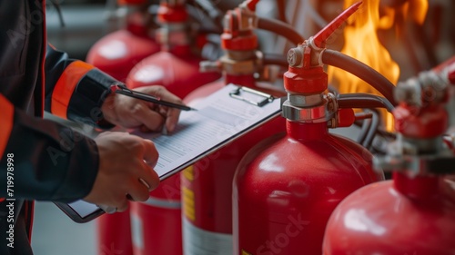 safety officer worker checking a fire extinguisher in a warehouse. Industrial Fire System control check by Professional Engineer write on clipboard