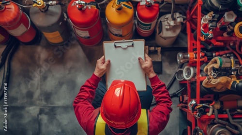safety officer worker checking a fire extinguisher in a warehouse. Industrial Fire System control check by Professional Engineer write on clipboard